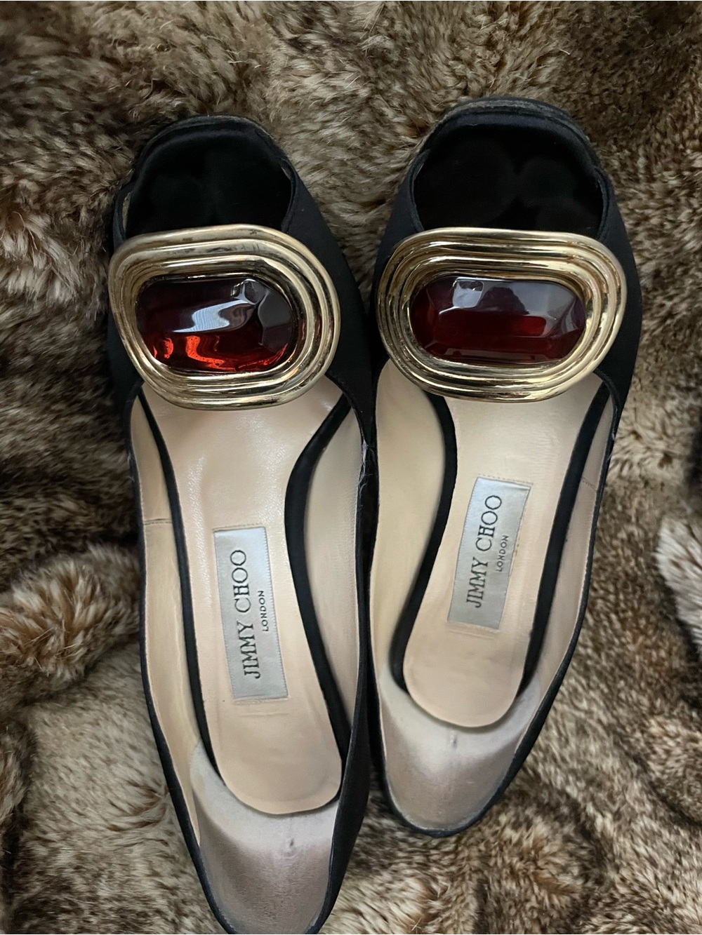 Jimmy Choo Black Satin Pumps with Gold & Red Embellishment - Picture 3 of 6